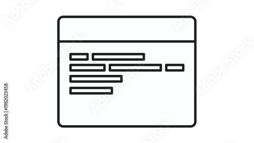 Black line vector icon of a browser window or code editor interface with horizontal bars representing text or programming code, minimalist software development and web design symbol on white.