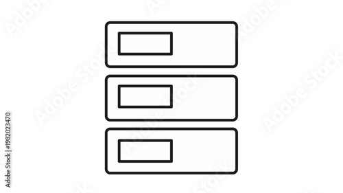 Black line vector icon illustration of a server rack or database storage system, featuring three stacked units with indicator panels, perfect for technology, network, and cloud computing concepts.