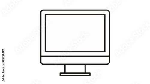 Minimalist black line vector icon of a computer monitor or desktop screen, isolated on white. Scalable illustration perfect for technology, business, office, and digital workspace concepts.