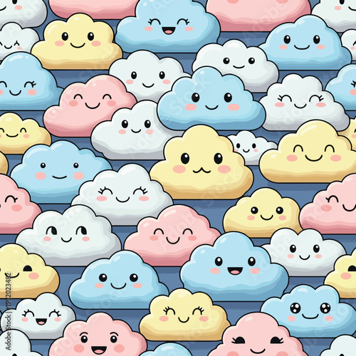 Cute cartoon cloud seamless pattern with happy smiling faces and pastel colors