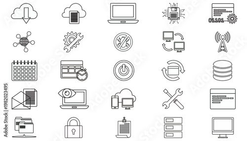 25 Technology and Business Vector Icon Set Collection, Minimalist Black Silhouette Symbols for Web Development, Cloud Computing, Data Storage, Network Security, Communication, and Office Management.