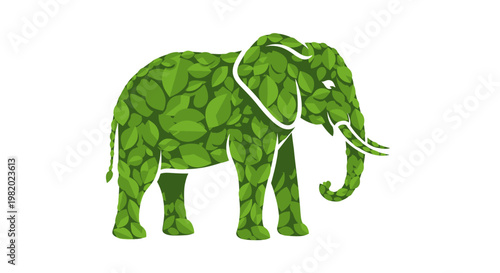 Green Elephant Made of Leaves Standing.