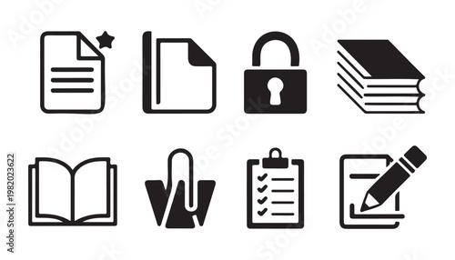 Document and security icon set including starred file folder padlock stack of books and checklist on clipboard.