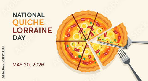 National Quiche Lorraine Day celebration slice with fork isolated on background