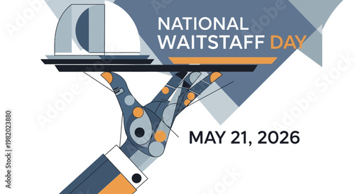 National Waitstaff Day badge with robotic arm holding tray isolated on background