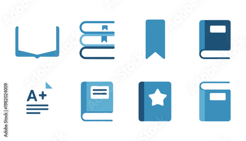 Set of eight book icons in shades of blue, including open books, stacked books, and marked pages.