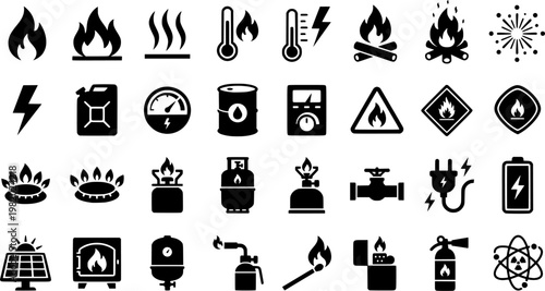 Fire Energy Icons. Fire Heat Energy. Solid icon set of Fire Heat Energy: flame symbol, heat waves, temperature gauge high, burning coal, fire sparks, energy