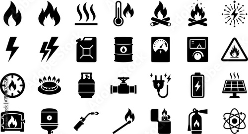 Fire Energy Icons. Fire Heat Energy. Solid icon set of Fire Heat Energy: flame symbol, heat waves, temperature gauge high, burning coal, fire sparks, energy
