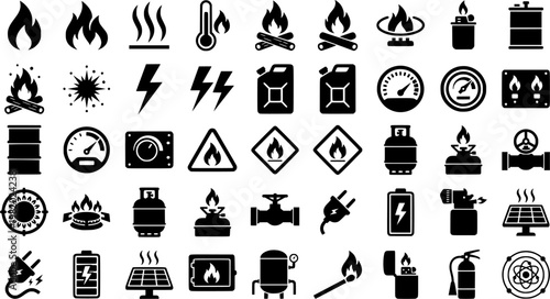 Fire Energy Icons. Fire Heat Energy. Solid icon set of Fire Heat Energy: flame symbol, heat waves, temperature gauge high, burning coal, fire sparks, energy