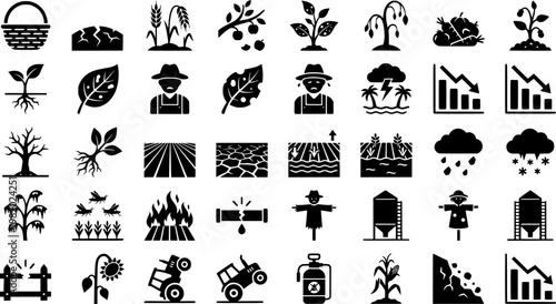 Harvest Loss Symbols. Harvest Loss Icons. Solid icon set of Harvest Loss Icons: empty basket, dry grain, cracked wheat, fallen fruit, crop blight, infested