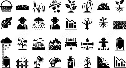 Harvest Loss Symbols. Harvest Loss Icons. Solid icon set of Harvest Loss Icons: empty basket, dry grain, cracked wheat, fallen fruit, crop blight, infested