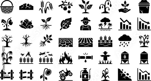 Harvest Loss Symbols. Harvest Loss Icons. Solid icon set of Harvest Loss Icons: empty basket, dry grain, cracked wheat, fallen fruit, crop blight, infested
