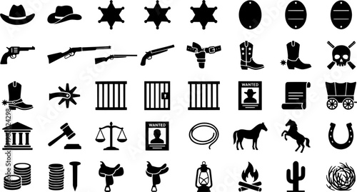 Rural Sheriff Icons. Outline icon set of rural sheriffs: cowboy hat, revolver, badge, boots, jail cell,
