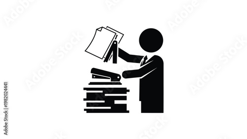 Person adding paper to stack of books.