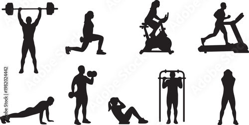 Black gym icons, fitness silhouettes, workout vector graphics, exercise clip art