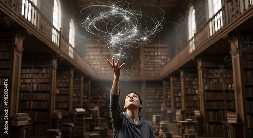 Woman Releasing Magic in Library.