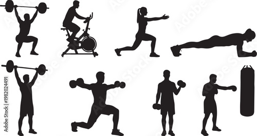 Fitness icons, workout silhouettes, exercise illustrations, black vector graphics