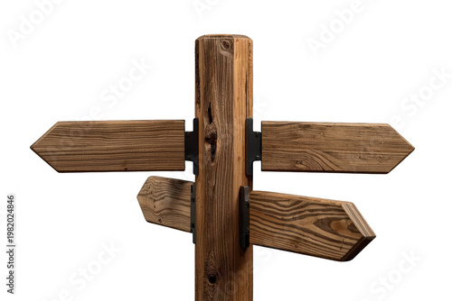 Wooden signpost with three blank directional arrows providing guidance and choice, isolated on transparent background