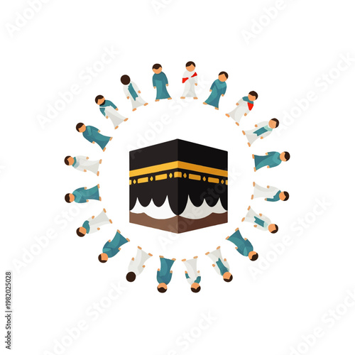 Vector flat design illustration of people in prayer circling the Kaaba in Mecca, symbolizing Islamic pilgrimage