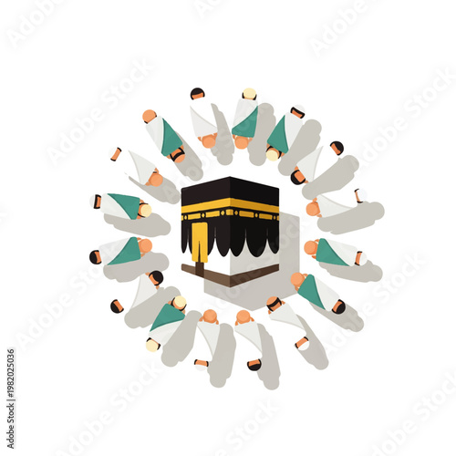 Vector flat design illustration of pilgrims circling the Kaaba in Mecca during Hajj pilgrimage, symbolizing unity