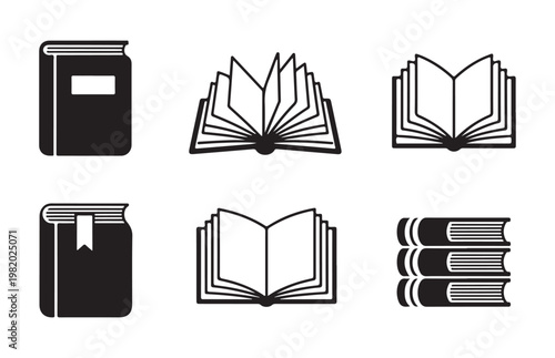 Collection of black line book icons on transparent background with open pages and stacked volumes for library.
