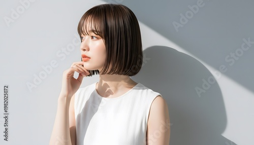 ボブヘアのカットモデル女性の美容ポートレート (Soft Radiance Portrait Series)	