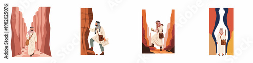 Set of illustrations featuring a Middle Eastern man exploring desert canyons, reading maps, and traveling through arid landscapes in traditional attire.
