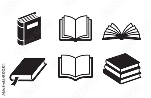 Black outline and silhouette book icons on transparent background including bookmark details and open pages.