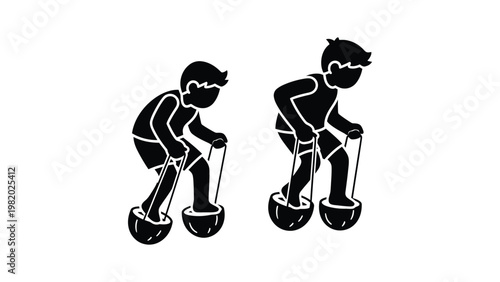 Black and white illustration of kids on pogo sticks.