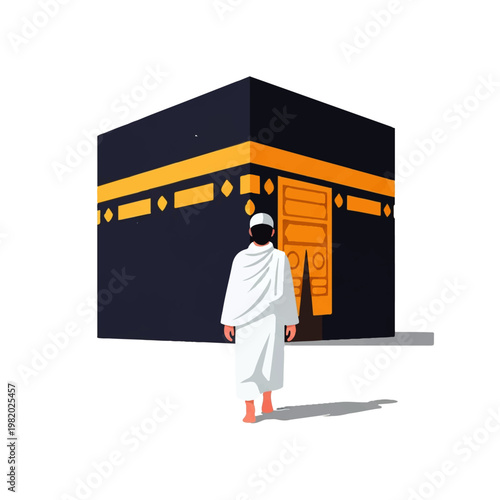 Vector flat design illustration of a Muslim pilgrim in ihram clothing approaching the Kaaba in Mecca for Hajj pilgrimage
