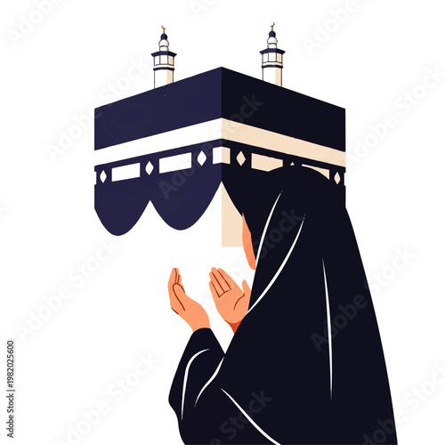 Vector flat design illustration of a Muslim woman in hijab praying in front of the Kaaba in Mecca, a spiritual journey