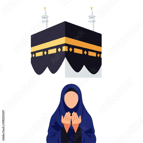 Vector flat design illustration of a Muslim woman praying in front of the Kaaba in Mecca, a sacred Islamic site