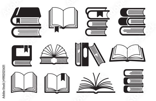 Large set of black book icons including open books with bookmarks and various book stacks.