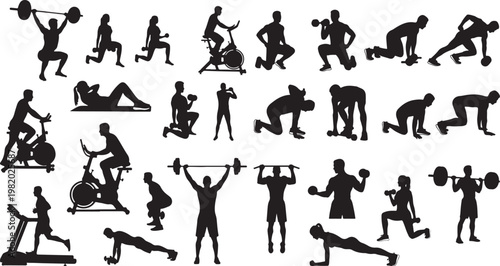 Fitness icons, workout silhouettes, exercise illustrations, black vector graphics