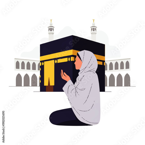 Vector flat design illustration of a Muslim woman praying in front of the Kaaba in Mecca, representing faith