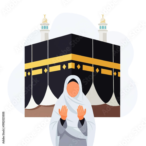 Vector flat design illustration of a Muslim woman praying in front of the Kaaba in Mecca, a spiritual journey concept