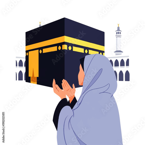 Vector flat design illustration of a Muslim woman in hijab praying towards the Kaaba in Mecca, a sacred Islamic site