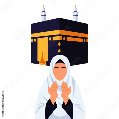 Vector flat design illustration of a Muslim woman in hijab praying before the Kaaba in Mecca, a significant Islamic