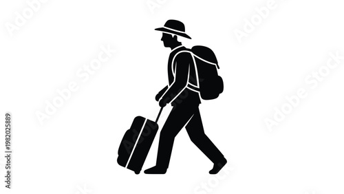 a man walking with a suitcase and backpack.