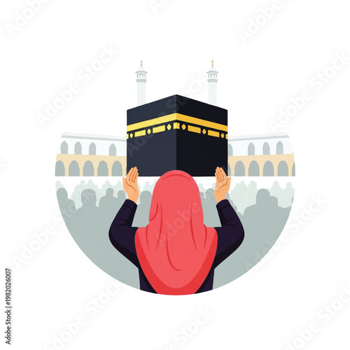 Vector flat design illustration of a Muslim woman in hijab praying towards the Kaaba in Mecca, symbolizing faith