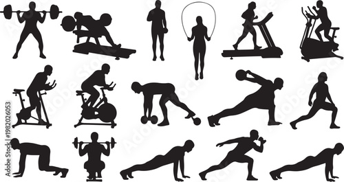 Black silhouette fitness icons, workout vector graphics, exercise clip art, 16 people training
