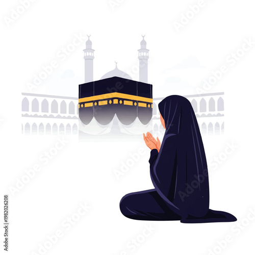 Vector flat design illustration of a Muslim woman in hijab praying before the Kaaba in Mecca, symbolizing faith