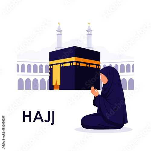 Vector flat design illustration of a Muslim woman praying before the Kaaba during Hajj pilgrimage in Mecca