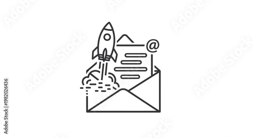 Email marketing launch concept rocket ship emerging from envelope