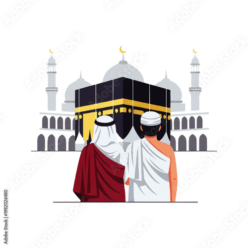Vector Flat Design Illustration of two pilgrims in ihram facing the Kaaba and mosque during Hajj pilgrimage