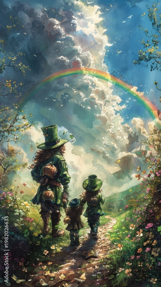 Naklejka premium Leprechaun and child walk through a flower-filled forest path. Above them, a vivid rainbow arches over clouds and sunlight. The scene evokes wonder and childhood magic