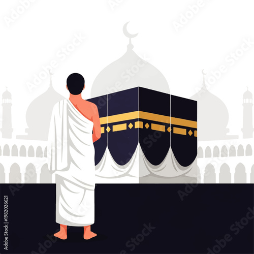 Vector flat design illustration of a Muslim pilgrim in ihram clothing facing the Kaaba during Hajj pilgrimage in Mecca