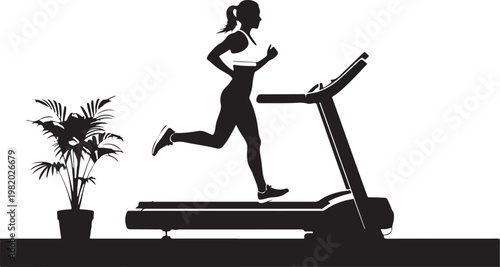 Fitness, woman running, treadmill exercise, black silhouette icons