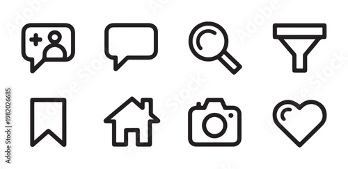 Minimalist line art icons for social media and online platforms including chat, search, and photos.