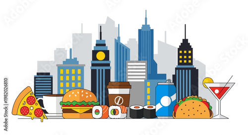 City skyline with food and drinks illustration for culinary and urban concepts